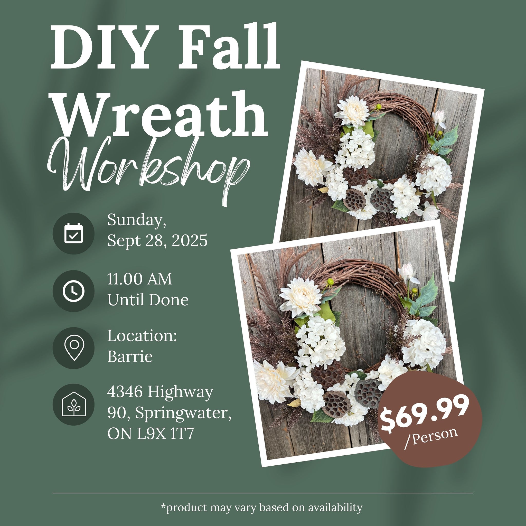 Ticket: DIY Fall Wreath Workshop (Barrie Location) | September 28th, 2025
